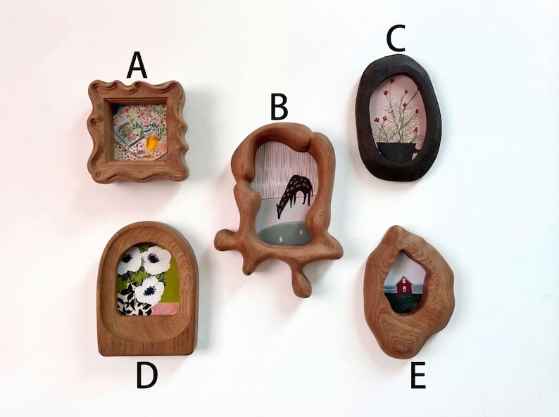 Irregularly shaped organic solid wood photo frame set, handmade, bohemian style.