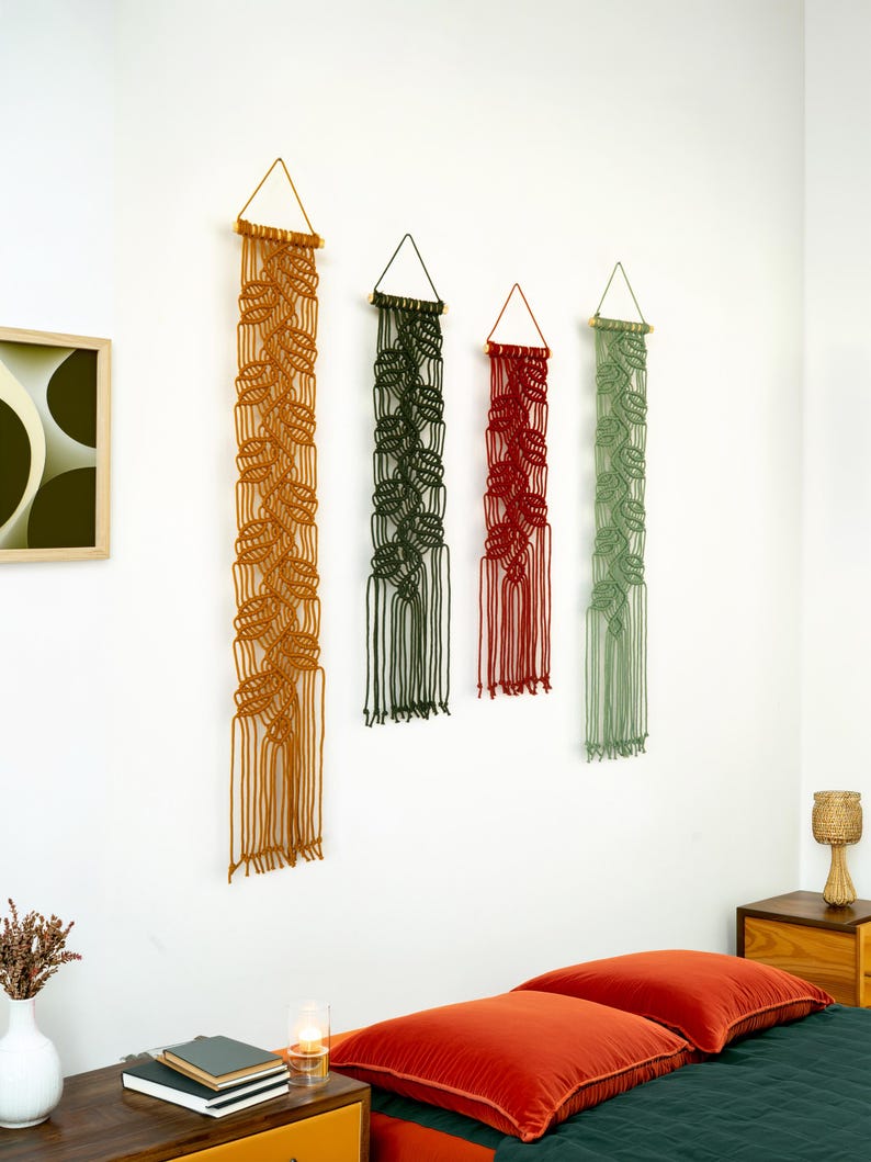 Vertical Leaf Macrame Tapestry, Thin Macrame Hanging, Fabric Wall Art for Bedroom Decor