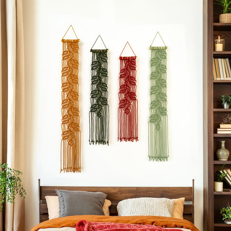Vertical Leaf Macrame Tapestry, Thin Macrame Hanging, Fabric Wall Art for Bedroom Decor