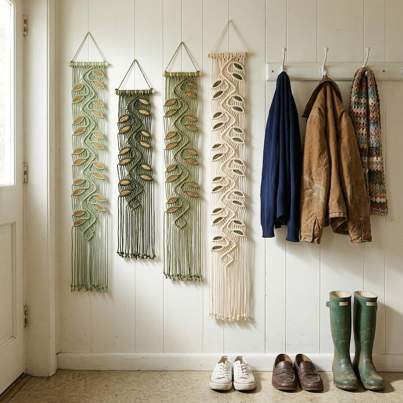 Woven narrow leaf ornament, Bohemian farmhouse style, driftwood material