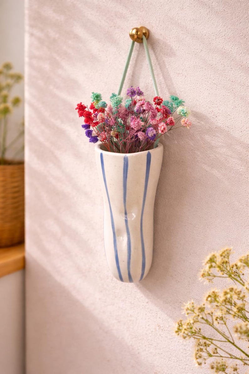 Blue Striped Ceramic Vase Wall Hanging for Succulents, Dry Flowers, Glossy Finish, Pottery Gift