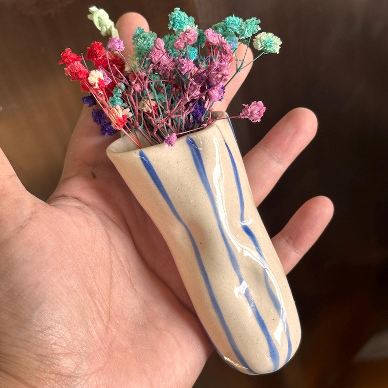 Blue Striped Ceramic Vase Wall Hanging for Succulents, Dry Flowers, Glossy Finish, Pottery Gift