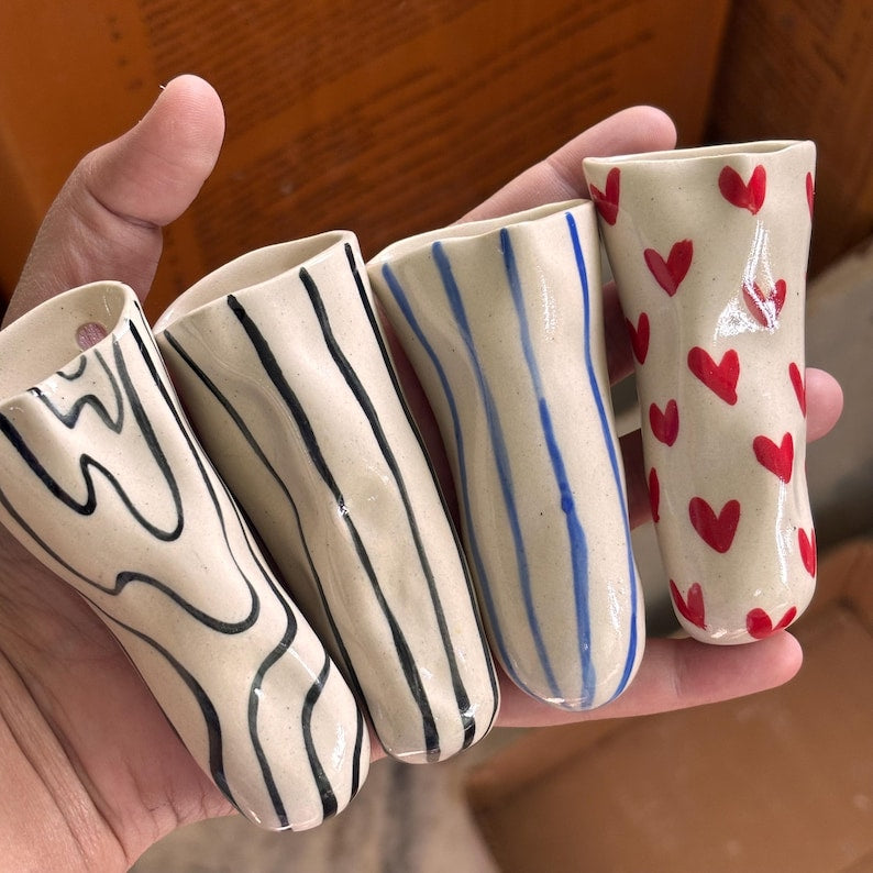 Blue Striped Ceramic Vase Wall Hanging for Succulents, Dry Flowers, Glossy Finish, Pottery Gift