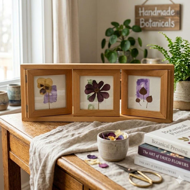 Vintage Solid Wood Triple Spinning Picture Frame with Pressed Botanical Flower Art