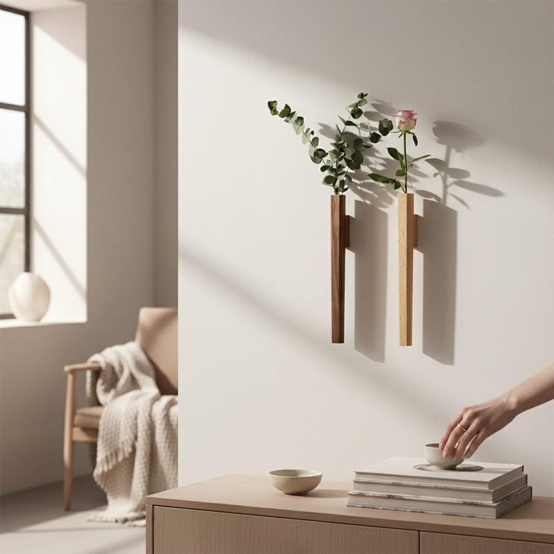 Wall Mounted Wooden Vase Minimalist Flower Holder with Glass Tube