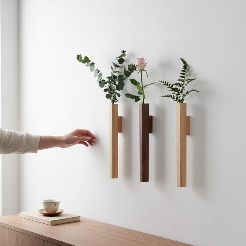 Wall Mounted Wooden Vase Minimalist Flower Holder with Glass Tube