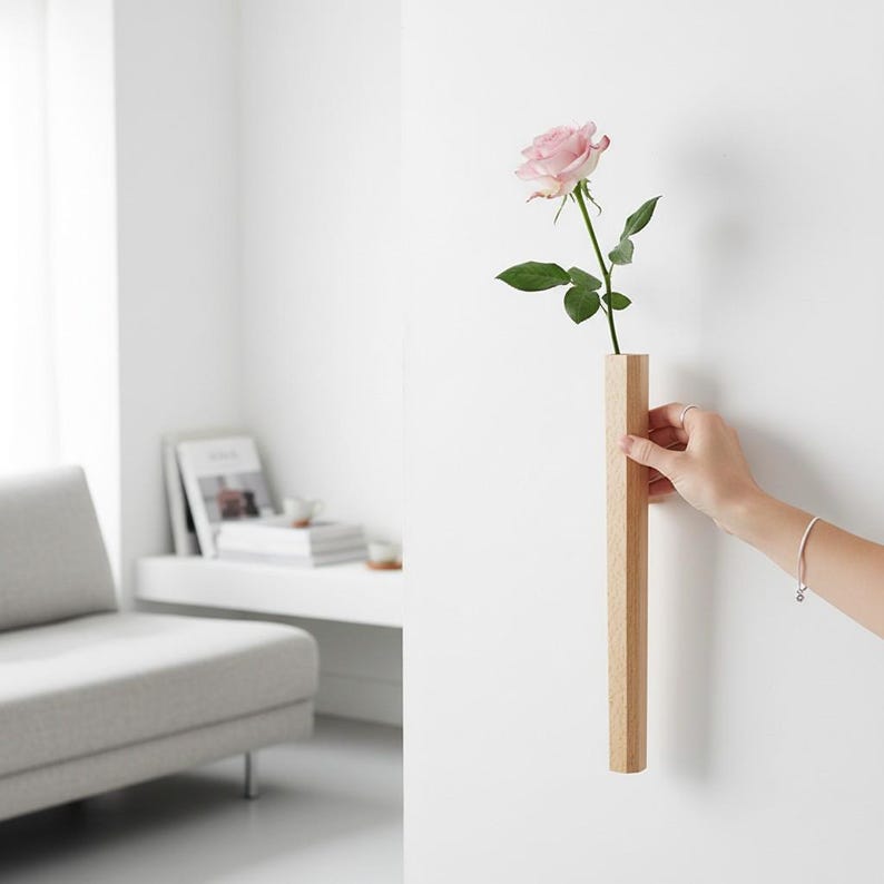 Wall Mounted Wooden Vase Minimalist Flower Holder with Glass Tube