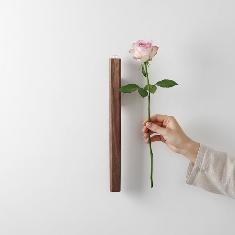 Wall Mounted Wooden Vase Minimalist Flower Holder with Glass Tube