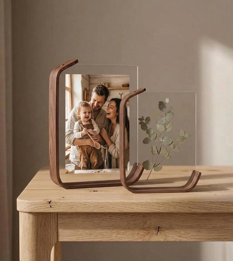Walnut-Finish Acrylic Floating Picture Frame Double-Sided Tabletop Display
