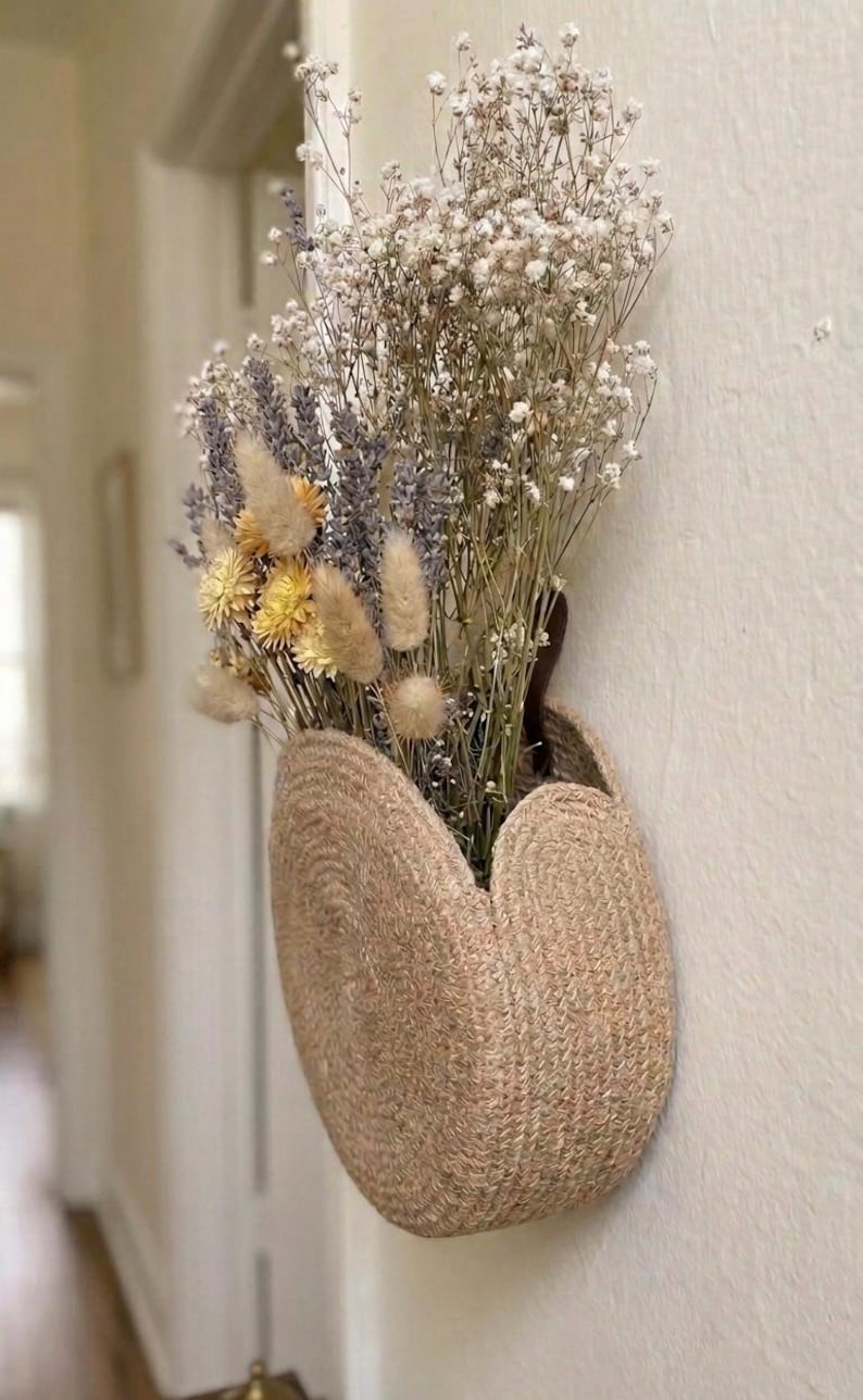 Jute Wall Hanging Planter, Floral Door Basket, Storage Pocket for Entryway Decor