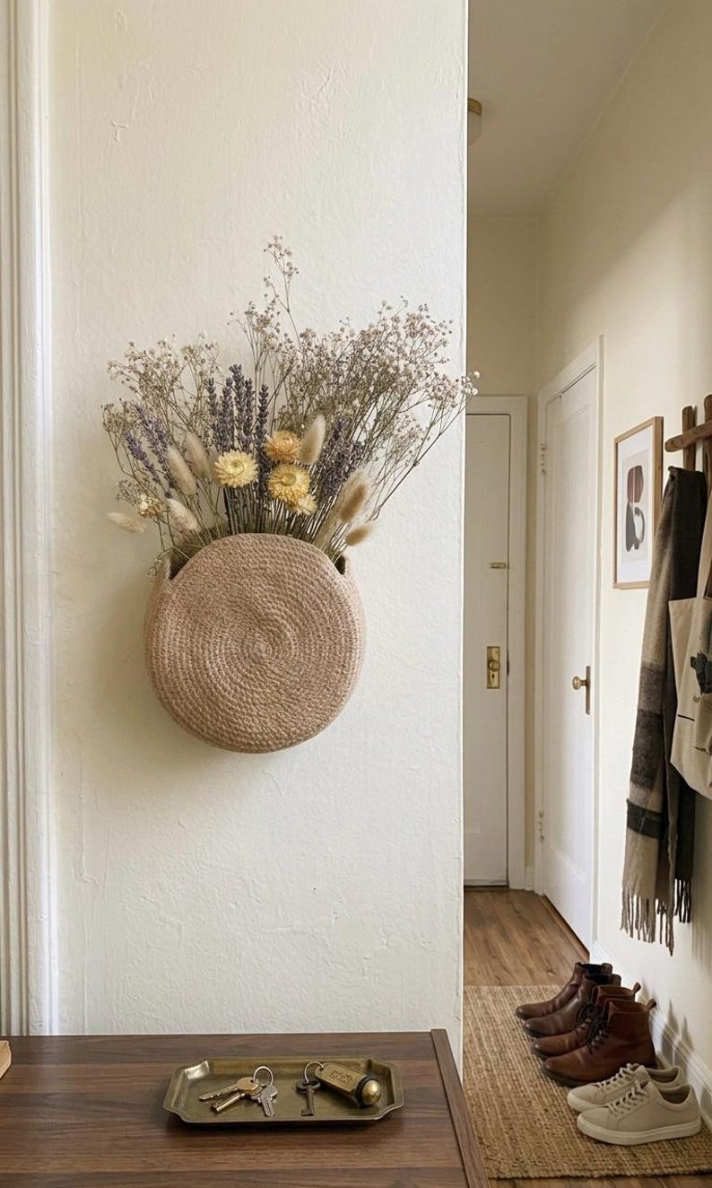 Jute Wall Hanging Planter, Floral Door Basket, Storage Pocket for Entryway Decor