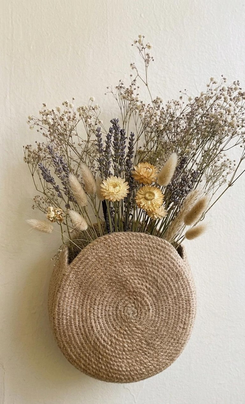Jute Wall Hanging Planter, Floral Door Basket, Storage Pocket for Entryway Decor