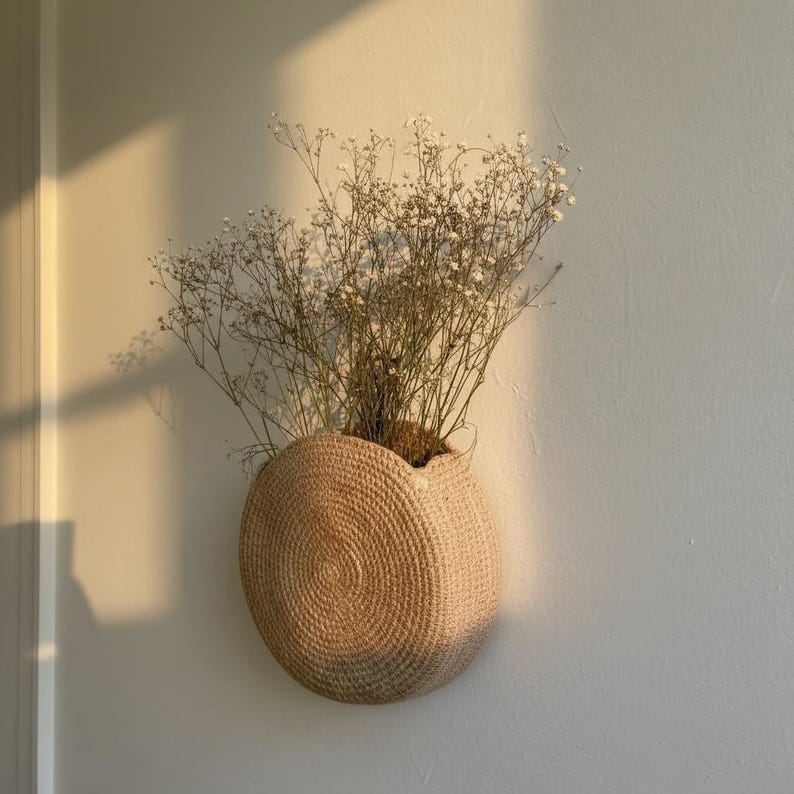 Jute Wall Hanging Planter, Floral Door Basket, Storage Pocket for Entryway Decor