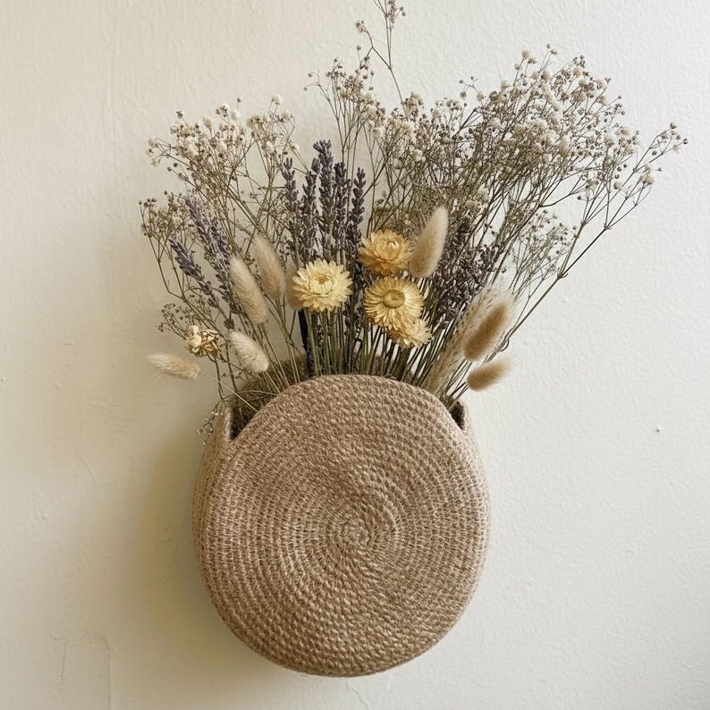 Jute Wall Hanging Planter, Floral Door Basket, Storage Pocket for Entryway Decor