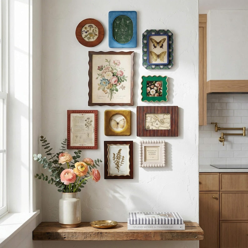 Retro bohemian style photo frame set, available in multiple sizes, shatterproof acrylic frames.