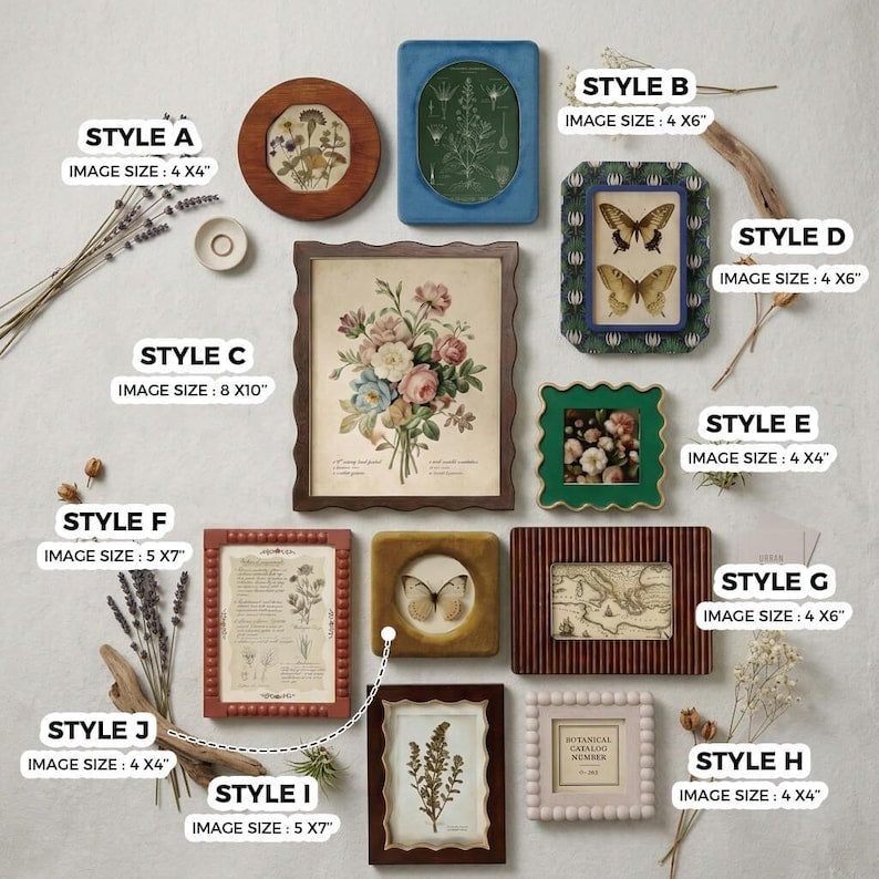 Retro bohemian style photo frame set, available in multiple sizes, shatterproof acrylic frames.