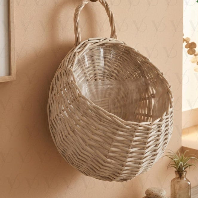 Handmade Wicker Rattan Wall Hanging Planter, Indoor Plant Hanger, Natural Earth Tones
