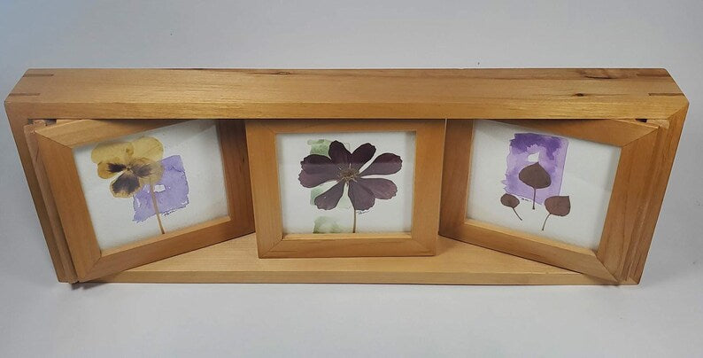 Vintage Solid Wood Triple Spinning Picture Frame with Pressed Botanical Flower Art