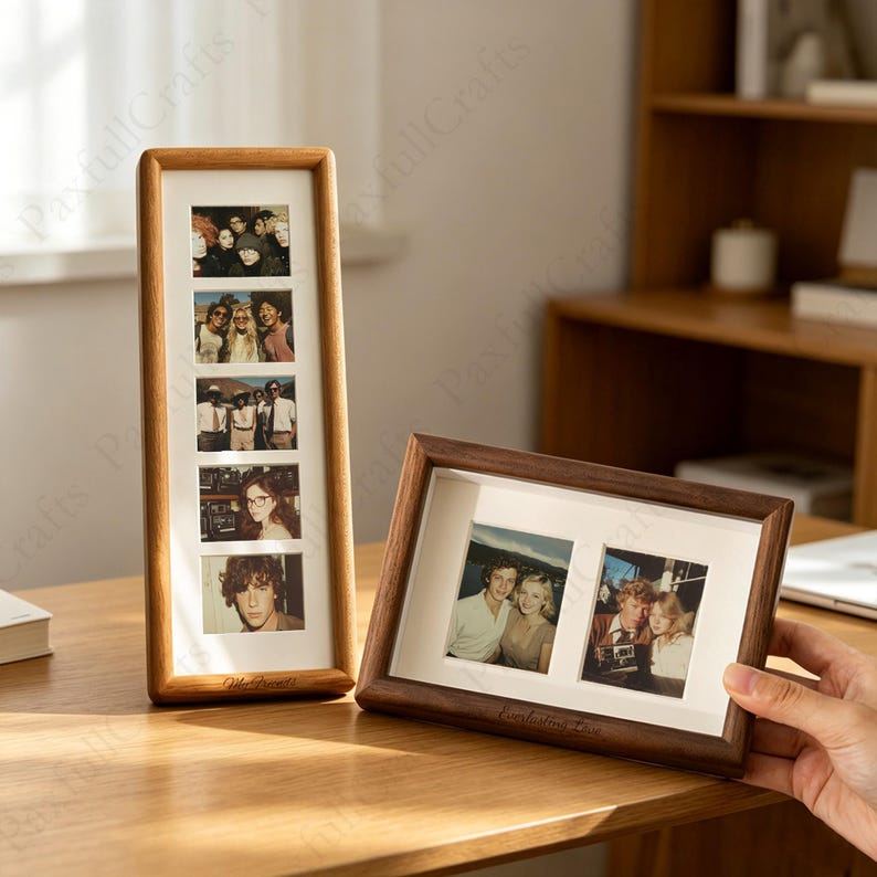 Walnut wood frame, can be opened, displaying a vintage collage.