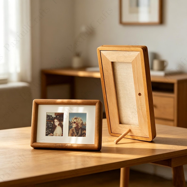 Walnut wood frame, can be opened, displaying a vintage collage.