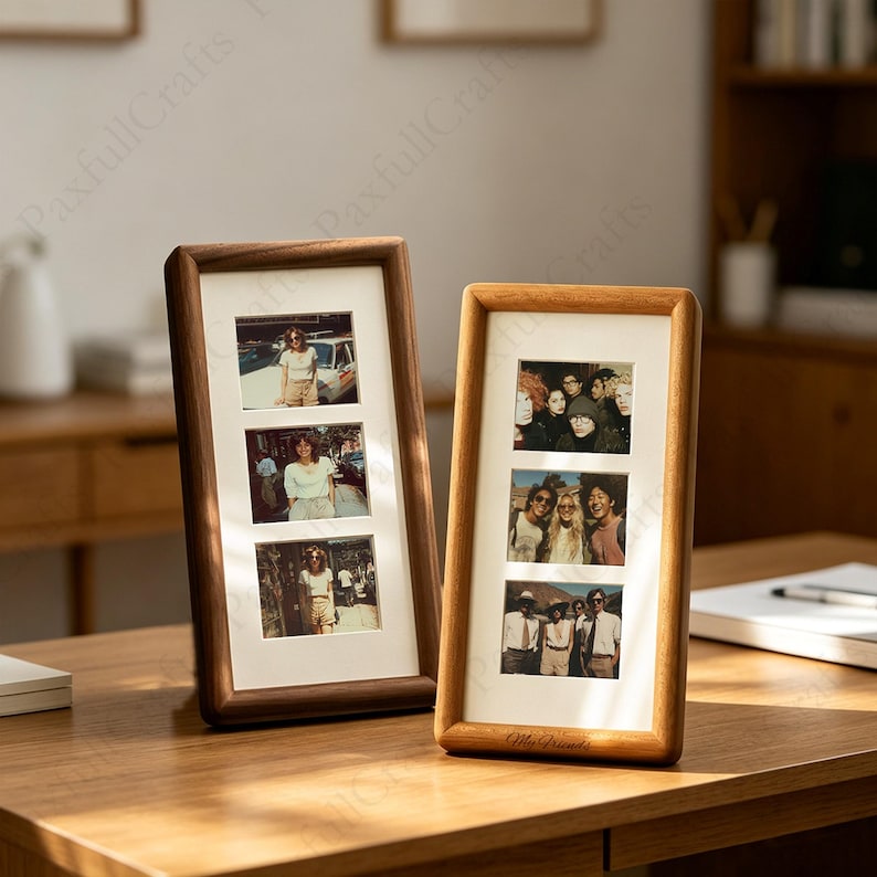 Walnut wood frame, can be opened, displaying a vintage collage.