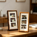 Walnut wood frame, can be opened, displaying a vintage collage.