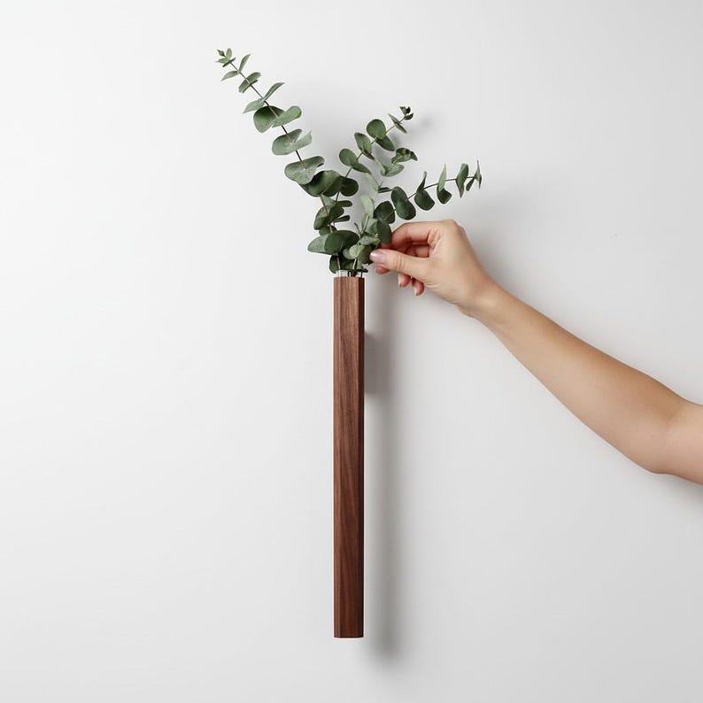 Wall Mounted Wooden Vase Minimalist Flower Holder with Glass Tube