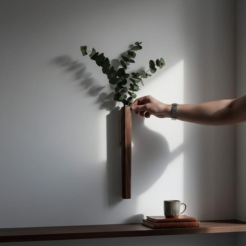 Wall Mounted Wooden Vase Minimalist Flower Holder with Glass Tube