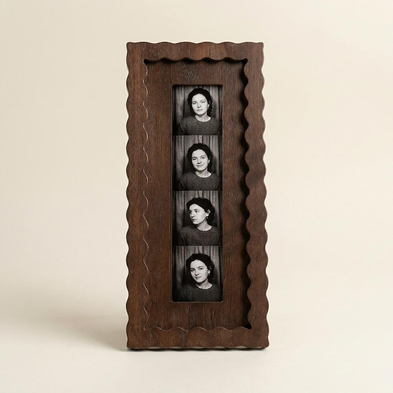 Dark wood fan-shaped photo frame, vintage wavy-edged photo strip frame, suitable for both desktop and wall display.