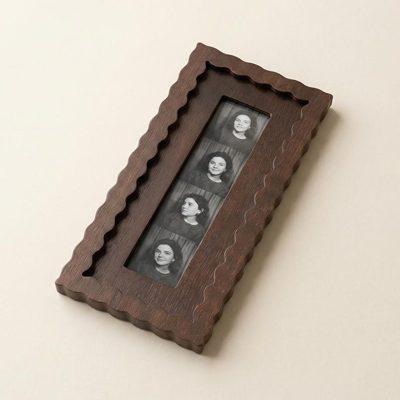 Dark wood fan-shaped photo frame, vintage wavy-edged photo strip frame, suitable for both desktop and wall display.