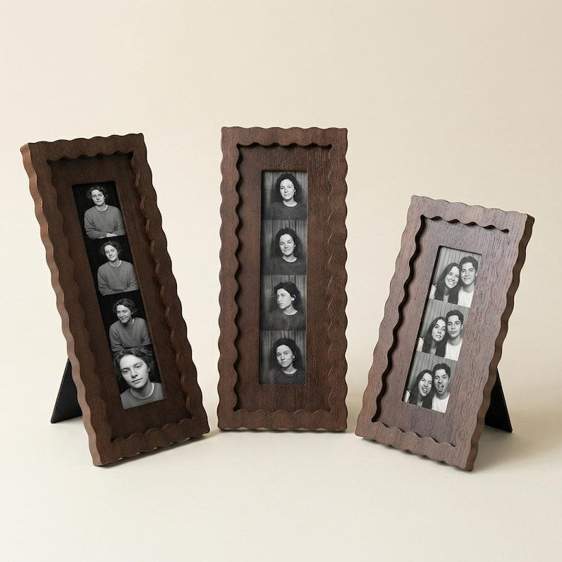 Dark wood fan-shaped photo frame, vintage wavy-edged photo strip frame, suitable for both desktop and wall display.