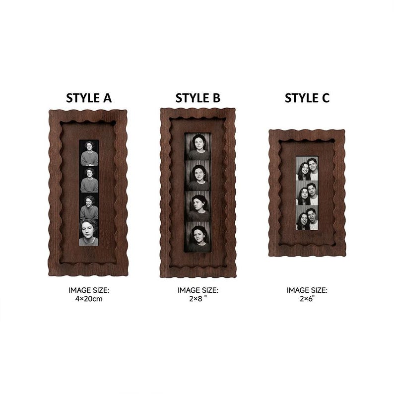 Dark wood fan-shaped photo frame, vintage wavy-edged photo strip frame, suitable for both desktop and wall display.