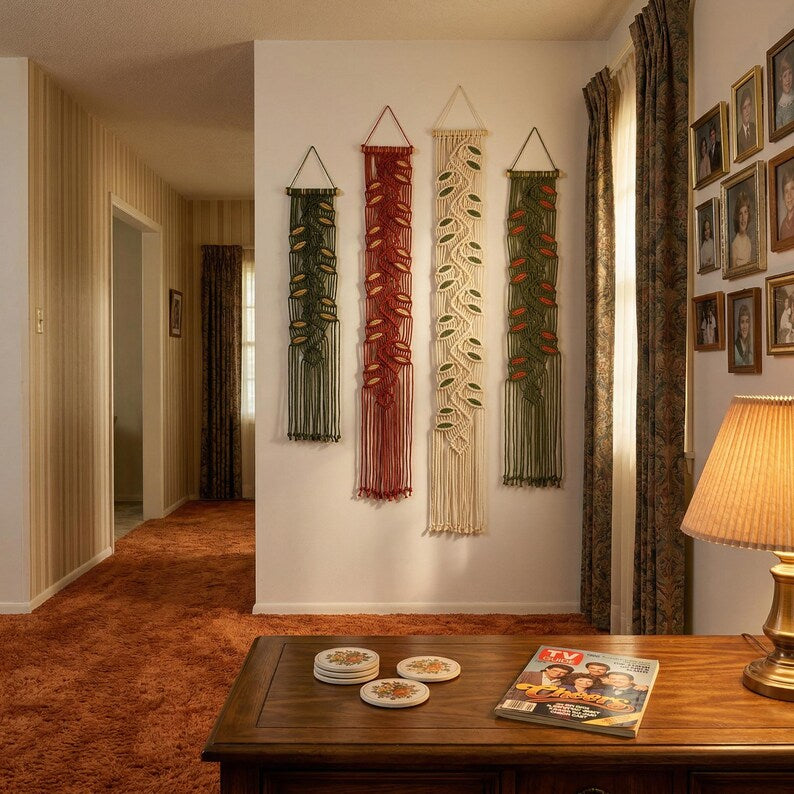 Vertical Leaf Macrame Tapestry, Thin Macrame Hanging, Fabric Wall Art for Bedroom Decor