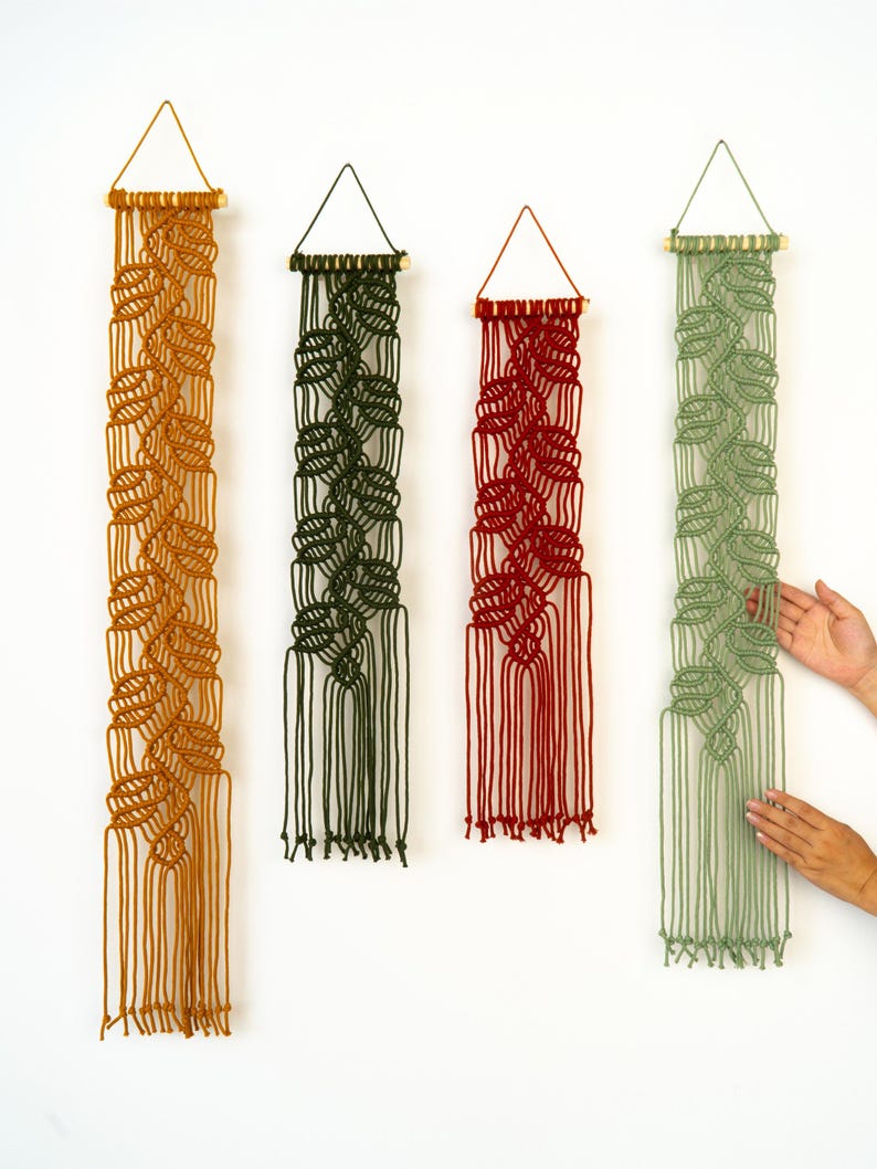 Vertical Leaf Macrame Tapestry, Thin Macrame Hanging, Fabric Wall Art for Bedroom Decor