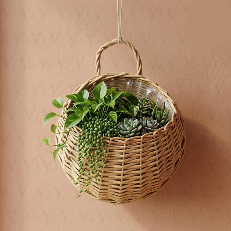 Handmade Wicker Rattan Wall Hanging Planter, Indoor Plant Hanger, Natural Earth Tones
