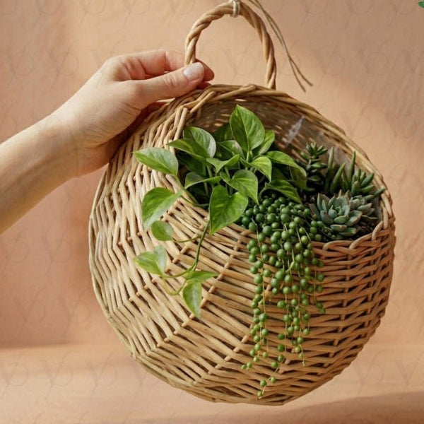 Handmade Wicker Rattan Wall Hanging Planter, Indoor Plant Hanger, Natural Earth Tones