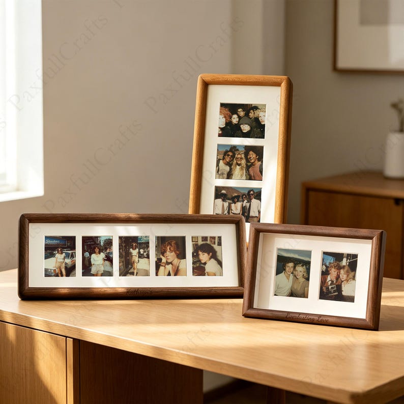 Walnut wood frame, can be opened, displaying a vintage collage.