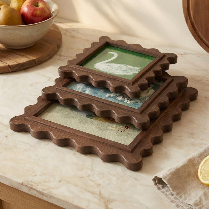 Vintage Scalloped Edge Walnut Photo Frame, Farmhouse Gallery Wall & Tabletop Display