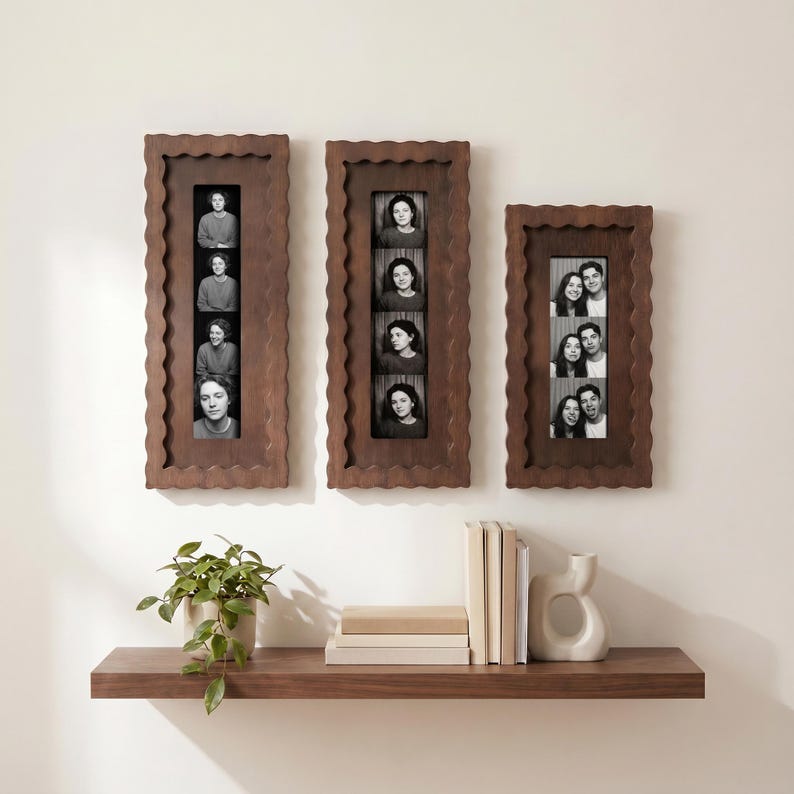 Dark wood fan-shaped photo frame, vintage wavy-edged photo strip frame, suitable for both desktop and wall display.