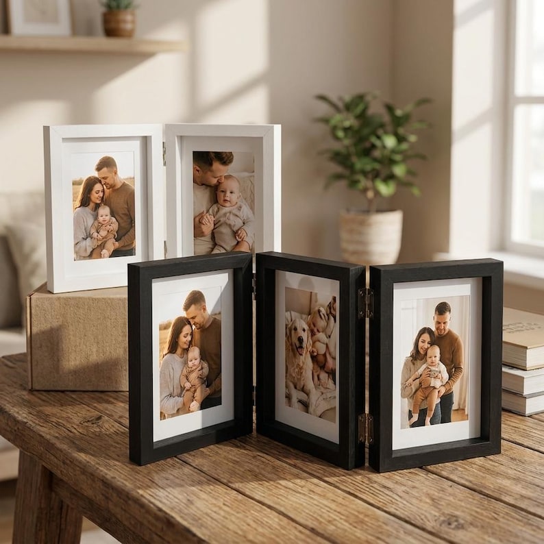 Rustic Hinged Picture Frame, Double & Triple Folding Wood Photo Frame, Freestanding Desk Photo Display