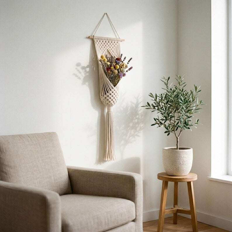 Handmade Macrame Wall Flower Holder, Boho Cotton Wall Hanging Vase for Dried Flowers