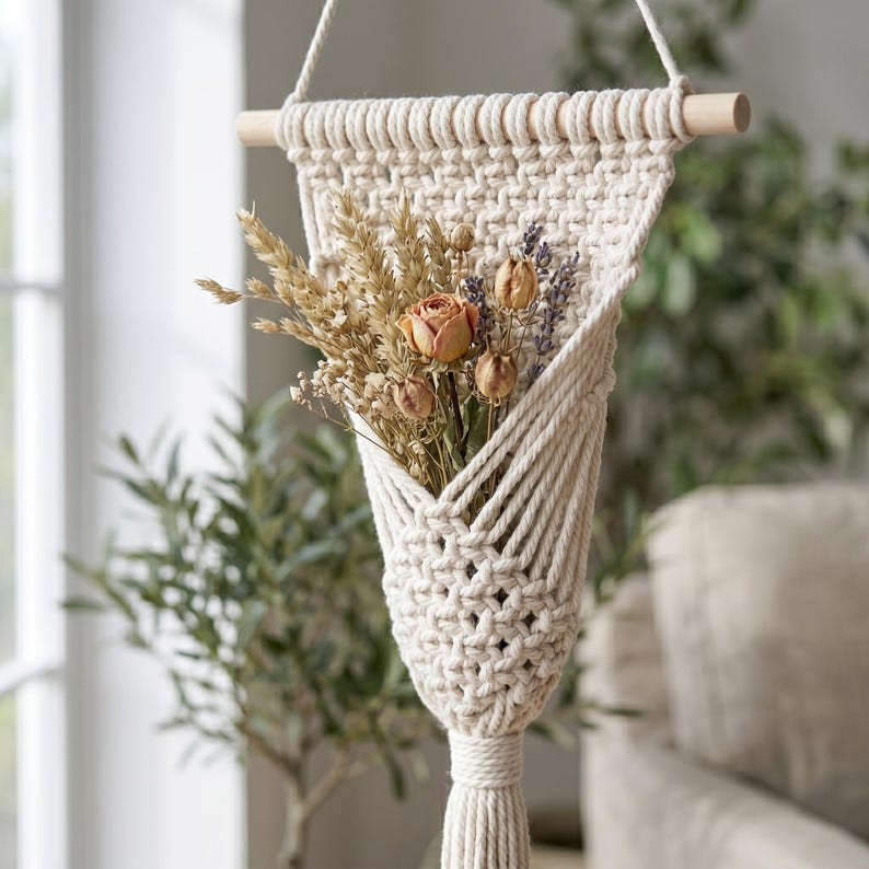 Handmade Macrame Wall Flower Holder, Boho Cotton Wall Hanging Vase for Dried Flowers