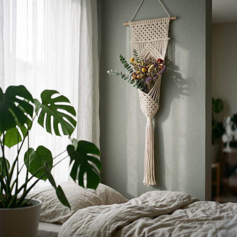 Handmade Macrame Wall Flower Holder, Boho Cotton Wall Hanging Vase for Dried Flowers