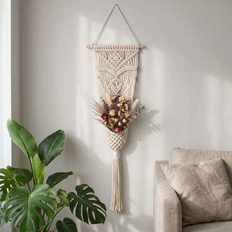 Handmade Macrame Wall Flower Holder, Boho Cotton Wall Hanging Vase for Dried Flowers