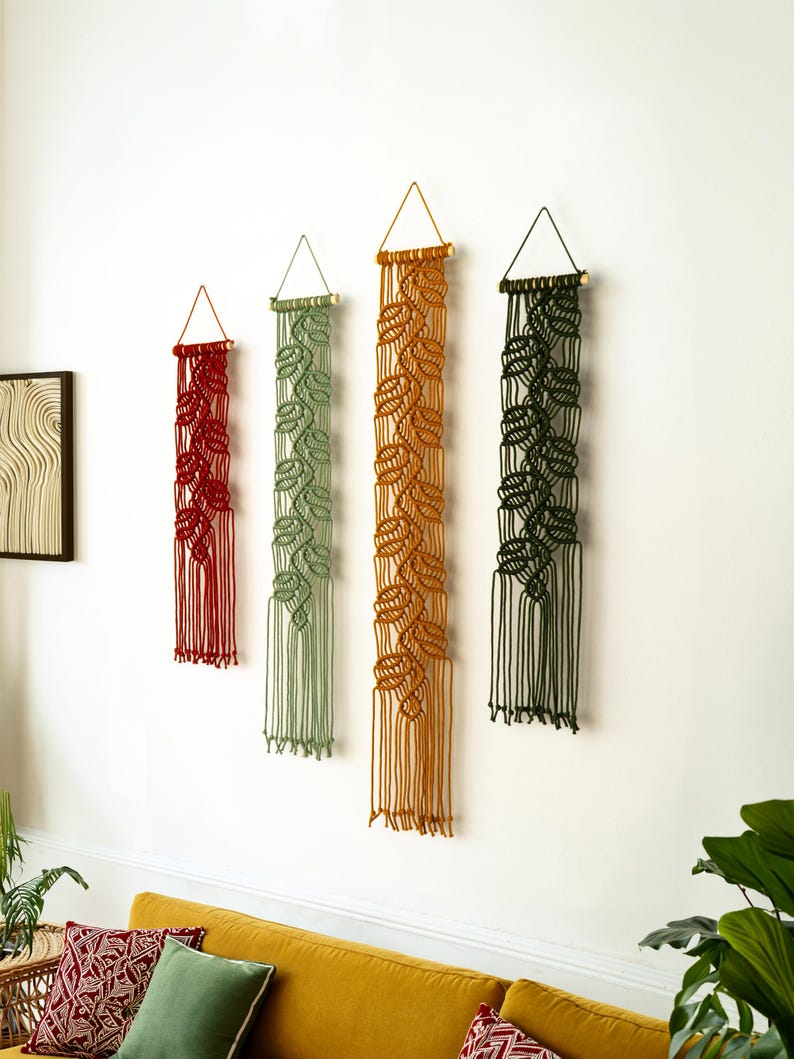 Vertical Leaf Macrame Tapestry, Thin Macrame Hanging, Fabric Wall Art for Bedroom Decor