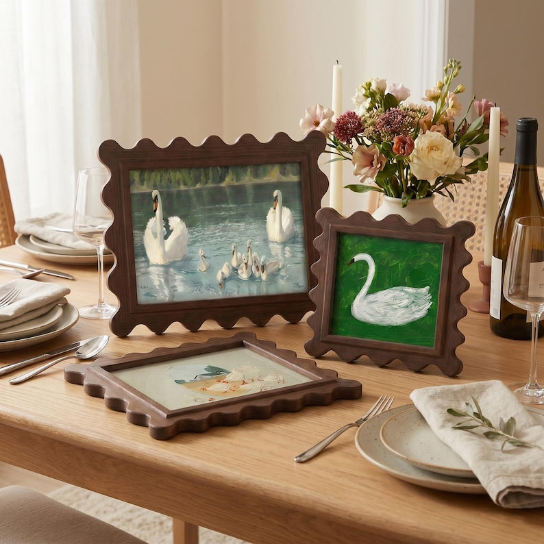Vintage Scalloped Edge Walnut Photo Frame, Farmhouse Gallery Wall & Tabletop Display