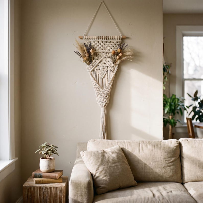 Handmade Macrame Wall Flower Holder, Boho Cotton Wall Hanging Vase for Dried Flowers