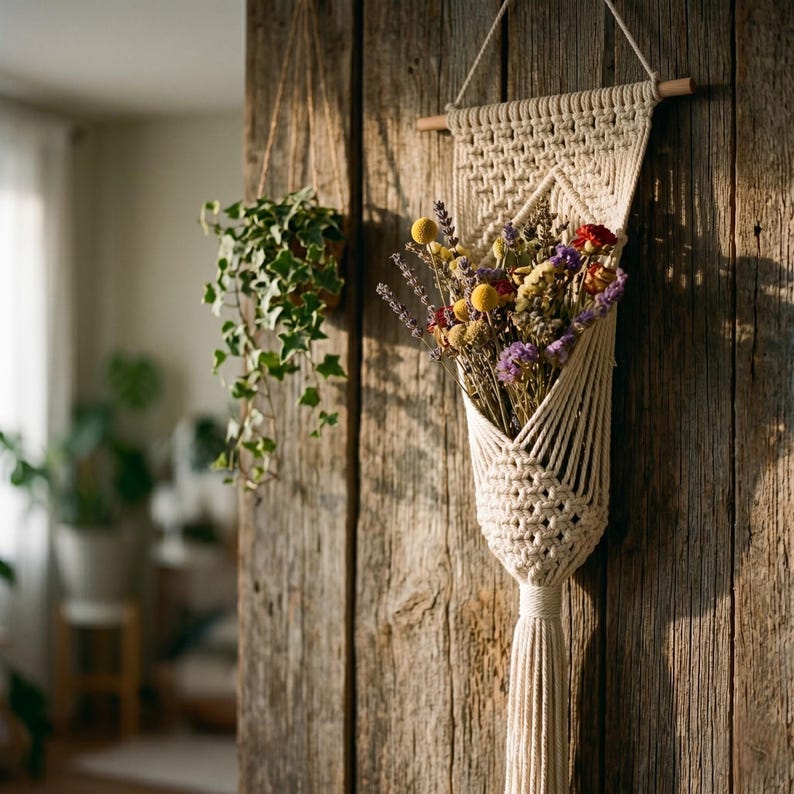 Handmade Macrame Wall Flower Holder, Boho Cotton Wall Hanging Vase for Dried Flowers