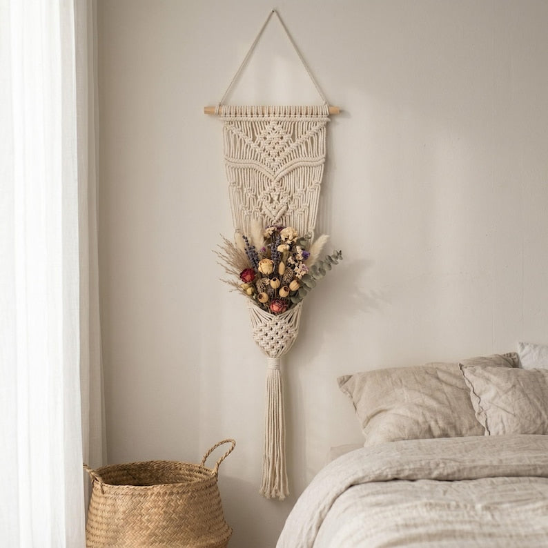 Handmade Macrame Wall Flower Holder, Boho Cotton Wall Hanging Vase for Dried Flowers