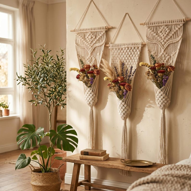 Handmade Macrame Wall Flower Holder, Boho Cotton Wall Hanging Vase for Dried Flowers